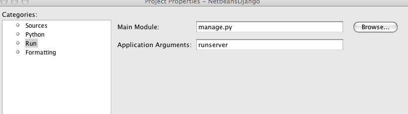 Netbeans Django Run Options.
