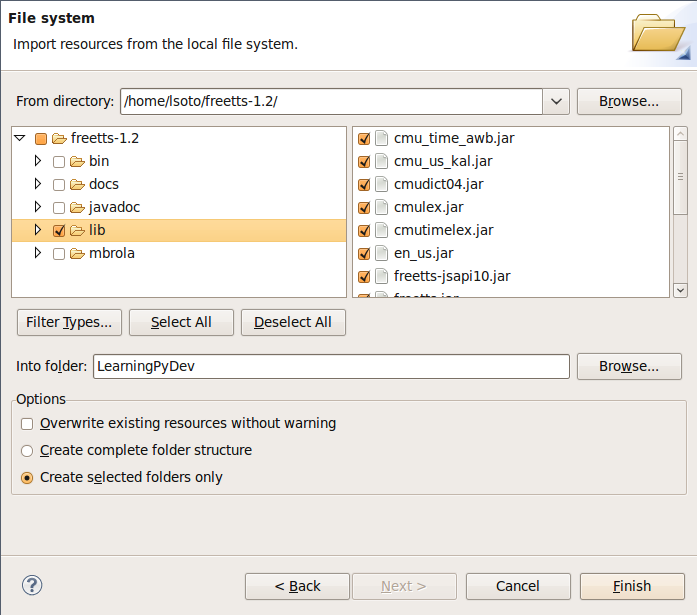 Importing ``freetts.jar`` into the PyDev Project